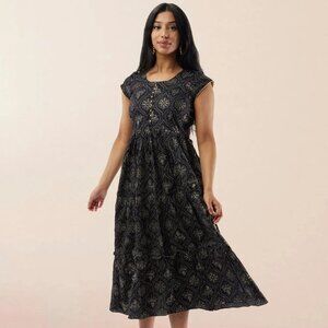 Stylish Black Printed Rayon Tiered Dress | Muvvas Boutique